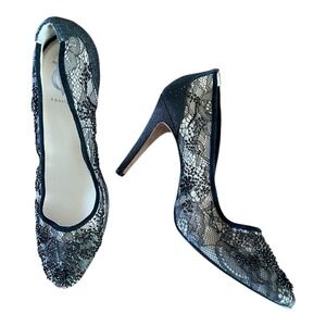 Vero Curio Heels Shoes Black Lace Floral Beaded High 4.5" Womens 10M Rhinestone